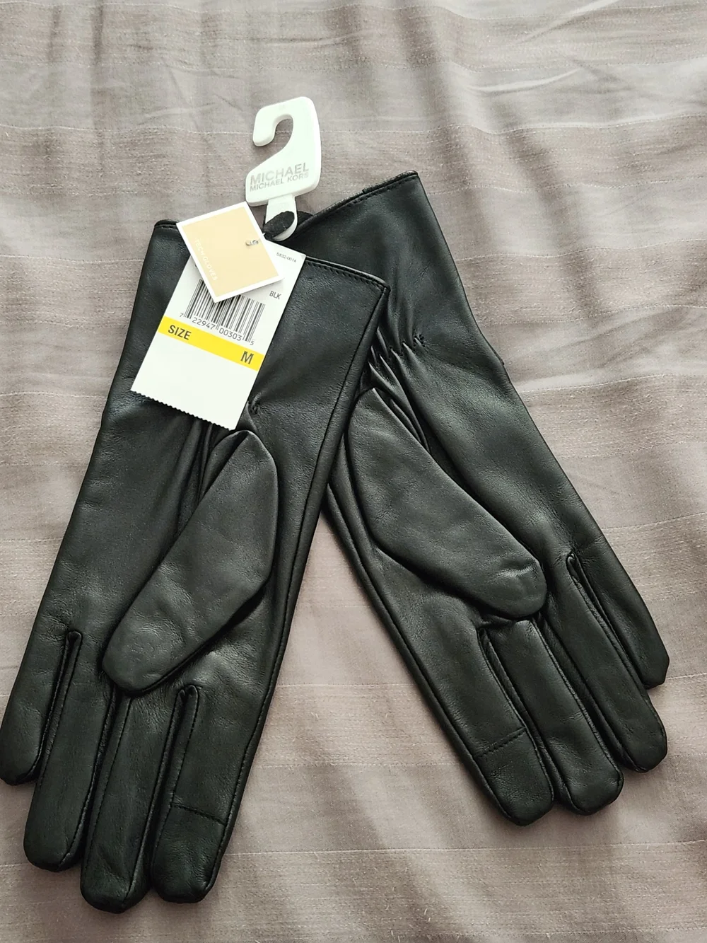 Michael Kors Black Leather Gloves with Gold Button Detail